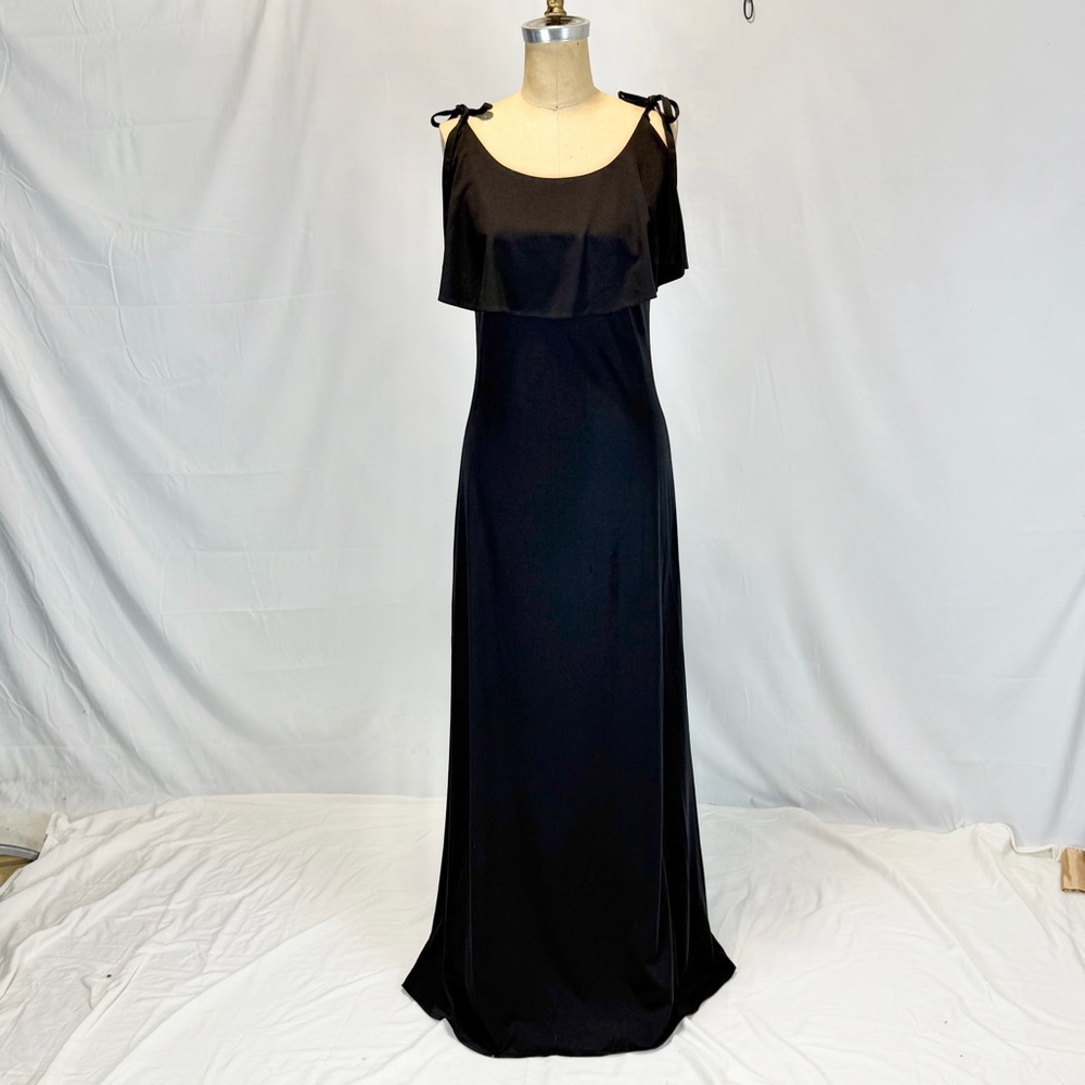 VINTAGE 70s black ruffle bodice long maxi dress bow‎ tie strap black formal prom - Picture 6 of 11